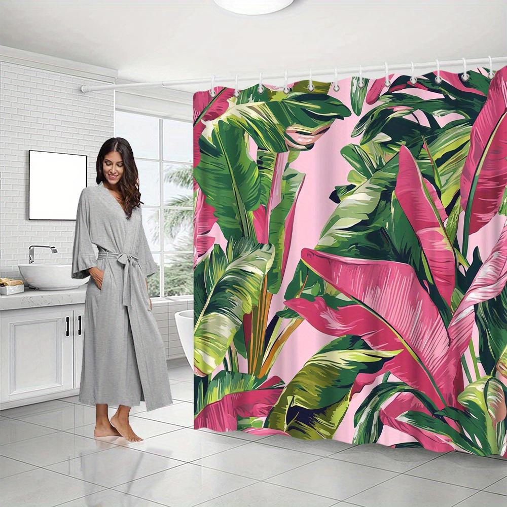 Tropical Banana Shower Curtain Vibrant Botanical Print Green Magenta Pink Leaves Artistic Nature Bathroom Decor With Hooks
