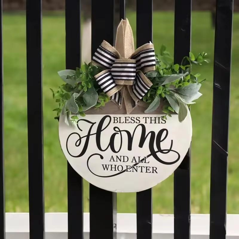 Creative Round Bow Knot Decor Wooden Welcome Sign Home Wall Hanging Pendent Courtyard Front Porch Door Garland Signs Ornaments