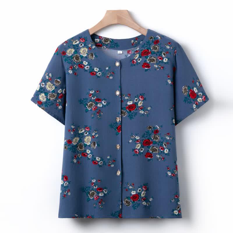 Elderly Women's Embroidered Short Sleeve Cardigan & Pants Set