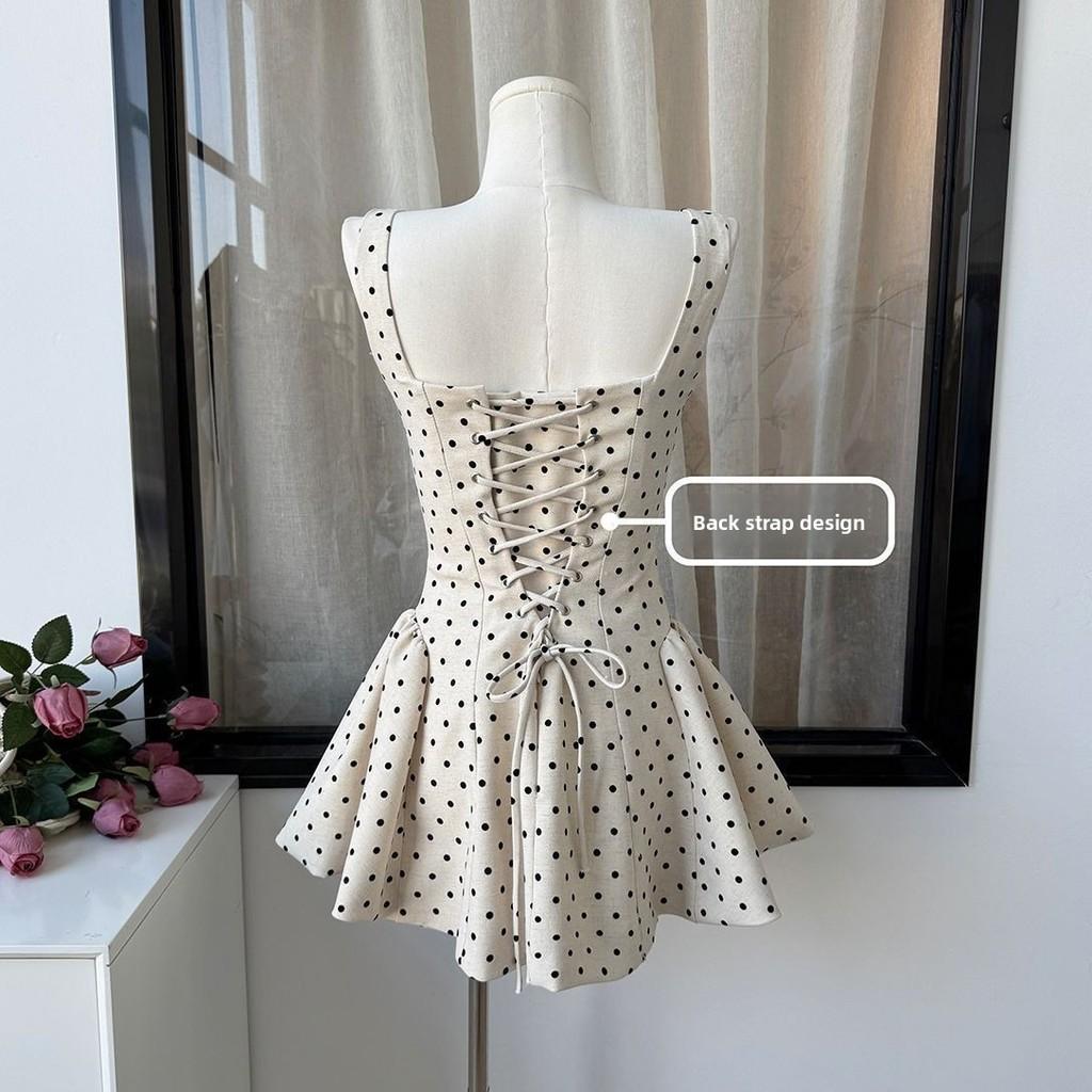 Französisches gepunktetes Sommerkleid für Mädchen, lässig, A-Linie, ärmellos, hohe Taille, mit 3D-Verzierungen