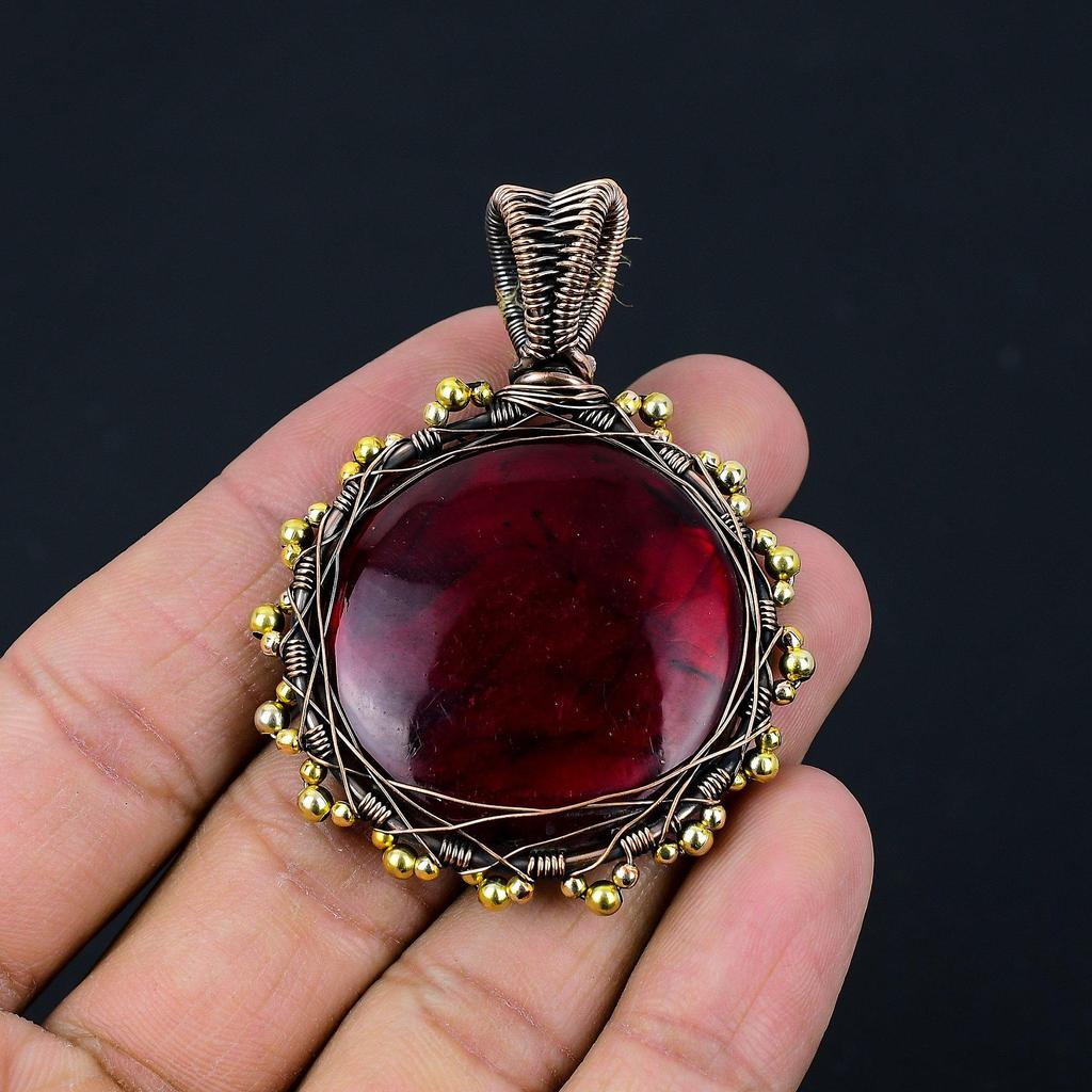 Red Flash Labradorite Gemstone Copper Wire Wrap Pendant Jewelry Gift For Love
