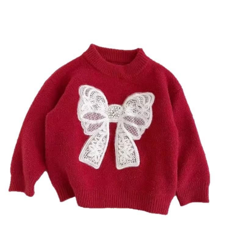 Girls' Red Bow Sweater Autumn and Winter Round Neck Korean Velvet Warm All-match Sweater