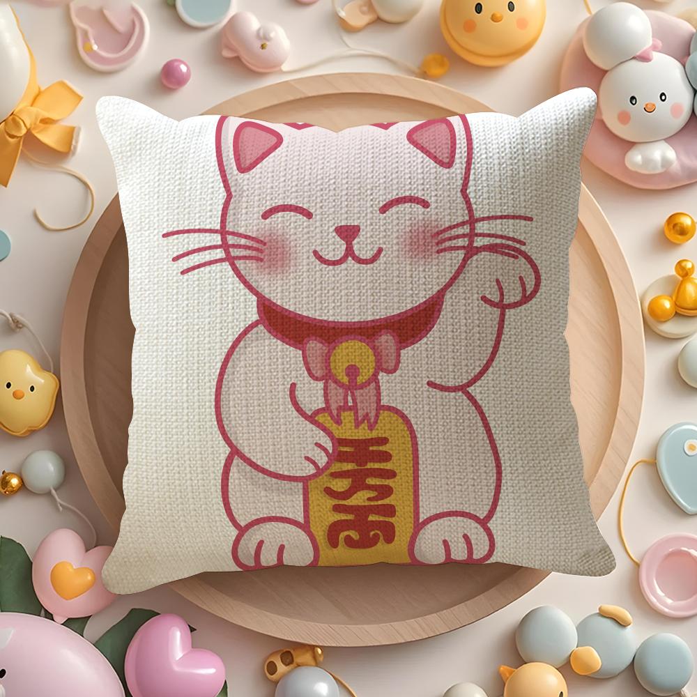 Lucky Cats Cartoon Cushion Cover Natural Linen Organic Fabric DoubleSided Printing Sofa Home Decor Gift Pillow Cover