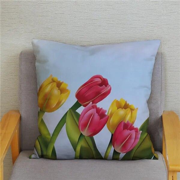 Tulip Flower Printed Pattern Cushion Cover for Home Living Room Sofa Decoration Waist Cushion Pillow Cover