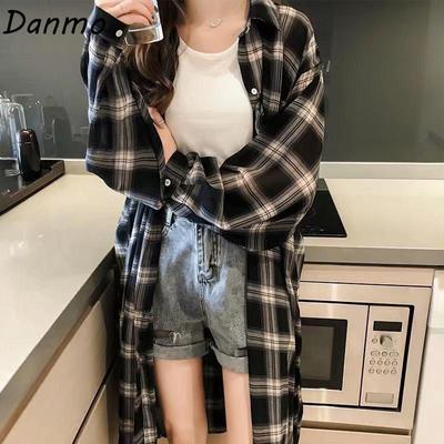 Danmo Vintage Lange Karierte Hemden Damen Herbst Langarm Oversize Button-Up Hemd Koreanische Mode Lässige Herbst Oberbekleidung Tops