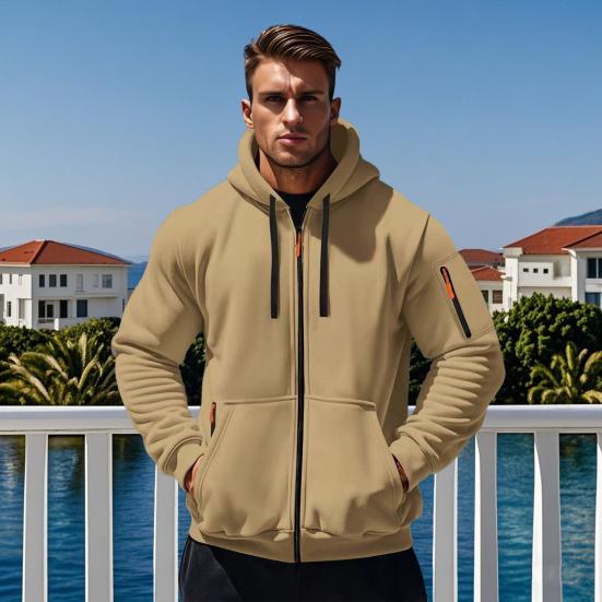 Men Coat Long Sleeve Zipper Closure Hooded Sweatshirt with Large Pockets Solid Color Velvet Thickened Warm Outerwear