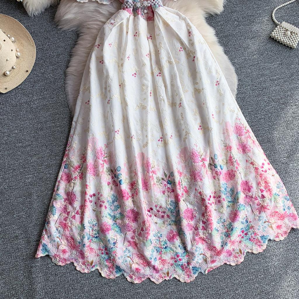 Elegant A-Line Dress for Women High-Quality Embroidery Flower Stand Collar Short Sleeve Fashion Runway Summer Dress Female 2026