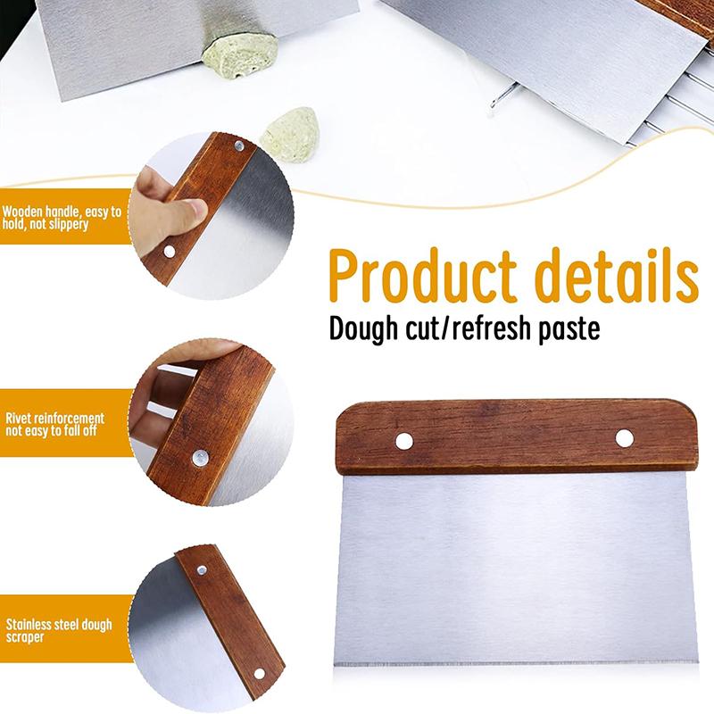 2Pcs Stainless Steel Dough Cutter with Wooden Handle Multipurpose Baking Scraper Cutter Bread Pastry Pizza Cake Kitchen Scraper