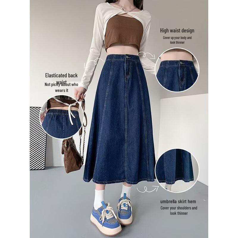 Women's High-Waisted Denim A-Line Midi Skirt, Slimming Fit, Petite to Plus-Size, Perfect for Spring and Summer.
