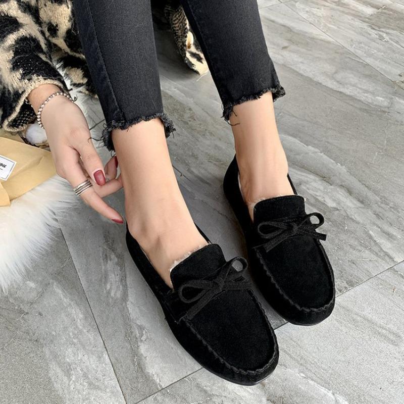 Cotton Shoes Women's New Flat Bottomed Bean Shoes with Velvet Women's Cotton Shoes Butterfly Knot Women's Shoes