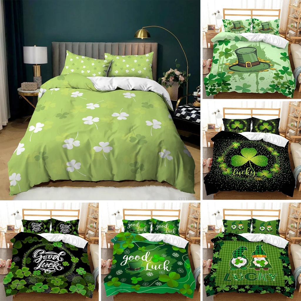 Lucky Green Leaves Four Leaf Shamrock Clover Comfortable Duvet Quilt Cover Pillowcase Bedding Set Children Bedroom Home Textile