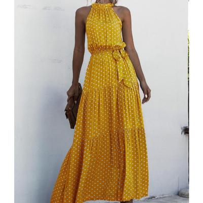 Summer Women's Dress Polka Dot Printed Long Dress Hanging Neck Tie Dresses