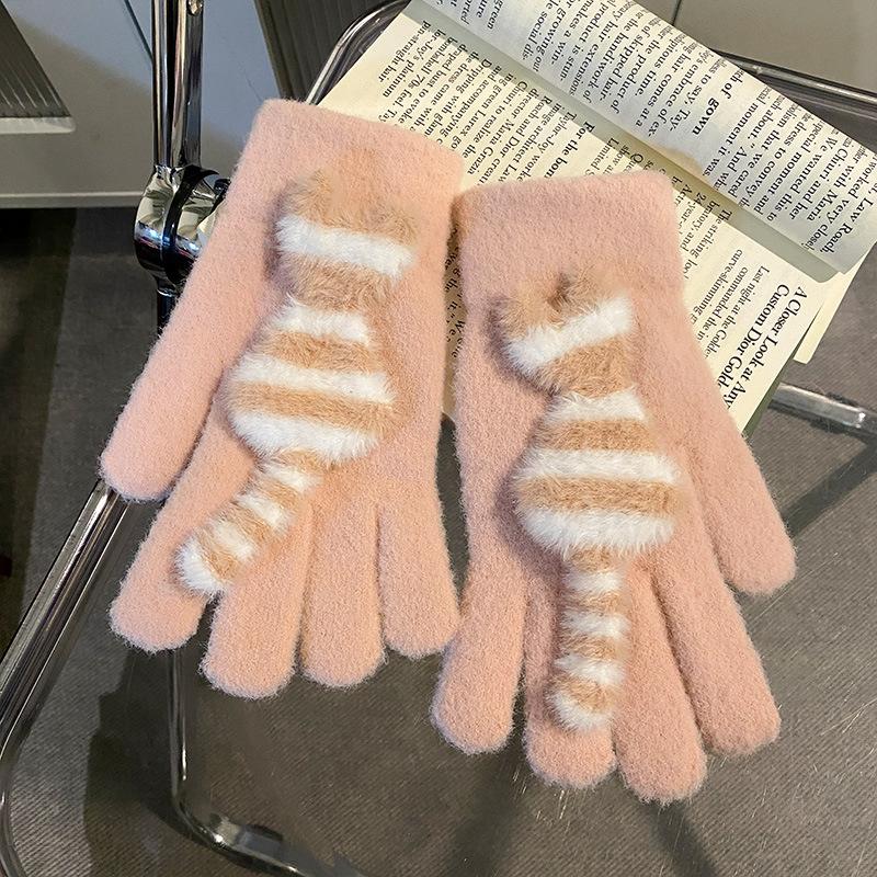 Cute Striped Cat with Knitted Wool Gloves for Women In Winter Thickened Warmth and Cold Protection for Students Cycling