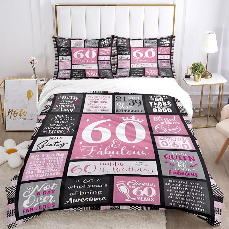 3pcs 60th Birthday Celebration Printed Bedding Set, Soft and Comfortable Quilt Cover for Bedroom, Guest Room (1 Duvet Cover + 2 Pillowcases