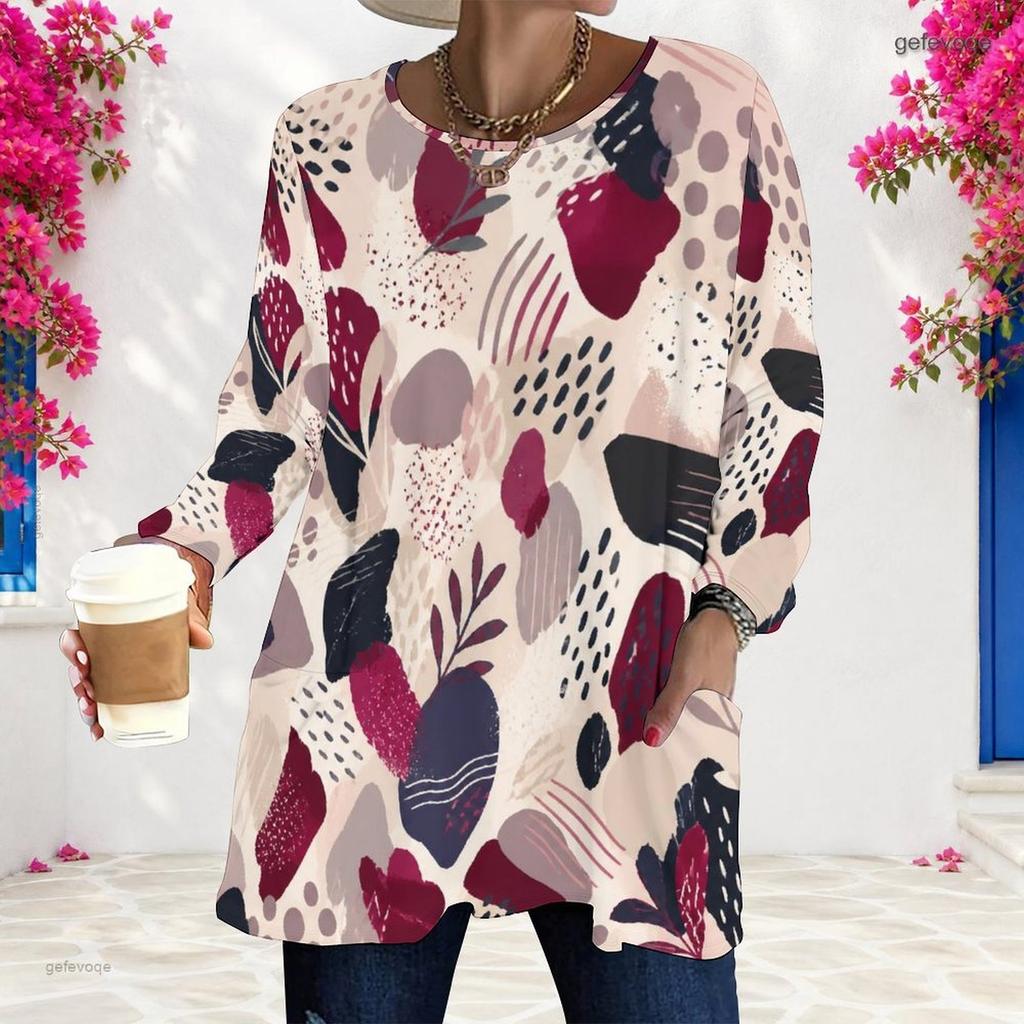 Women Plus Size Round Neck Long Sleeve Geometric Printed Loose Longline T Shirt With Pockets