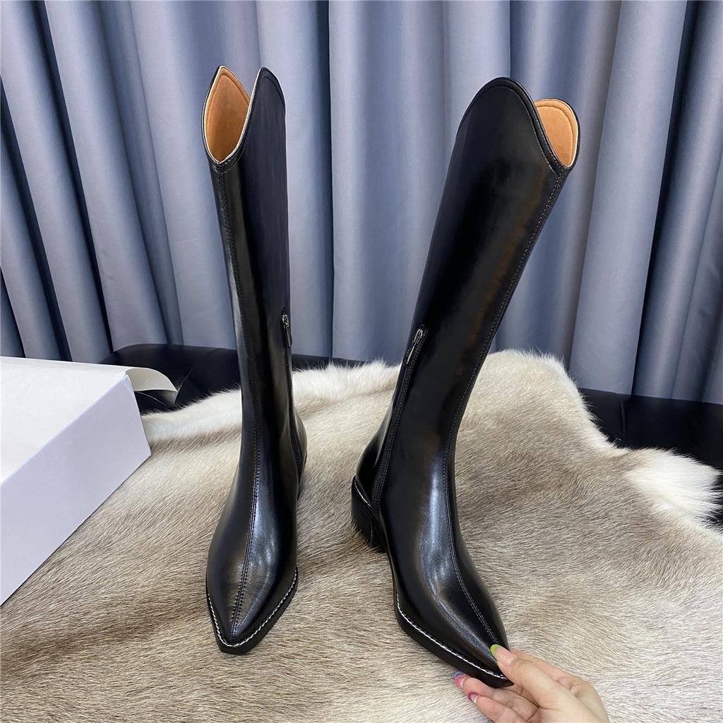 Cowhide Version~ Genuine Leather V-mouth Western Cowboy Boots Women's High-heeled Pointed Knight Boots Long Boots High Boots Zipper Long Boots