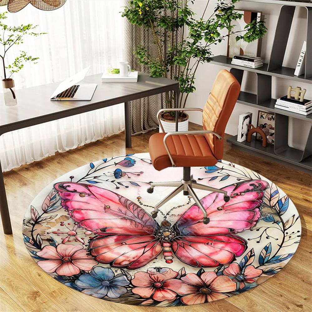 1PC Butterfly Flowers Office Round Area Rug, Under Office Chairs Bedroom Living Room Home Decor, Carpet for Office -1110013