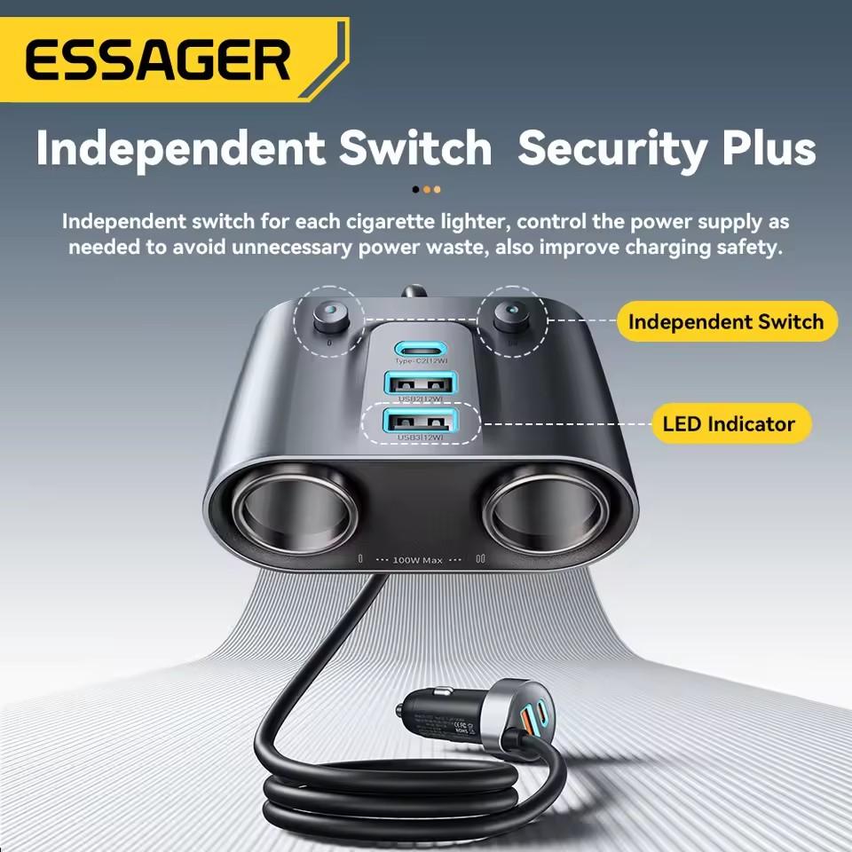 Essager 150W USB C Car Charger 2 in 1 100W Dual Cigarette Lighter Splitter 5 Ports QC 3.0 PD 3.0 Fast Charging For Mobile Phone