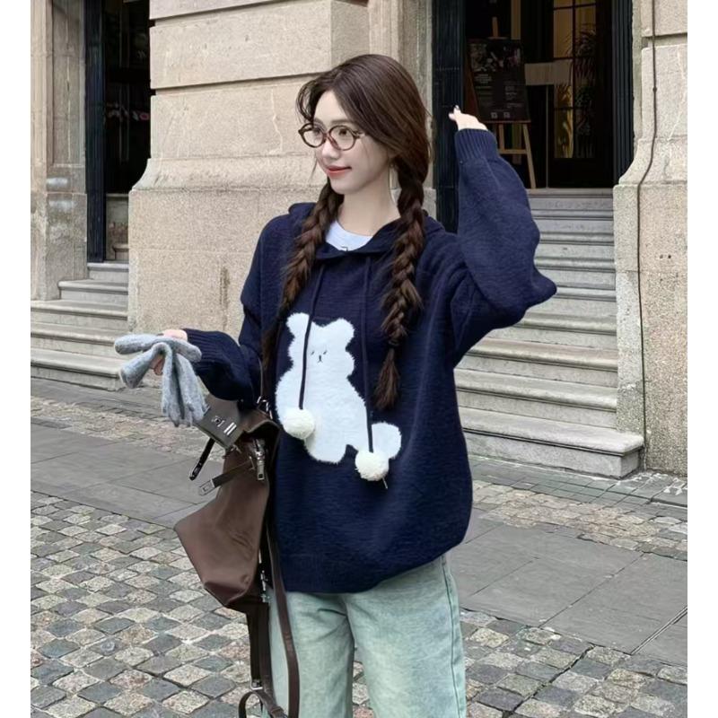 Christmas Festival Women's Hooded Sweater Korean Loose Cartoon Pattern Long Sleeved Woman Pullover Winter Casual Fashion Ladies Knitted Sweaters