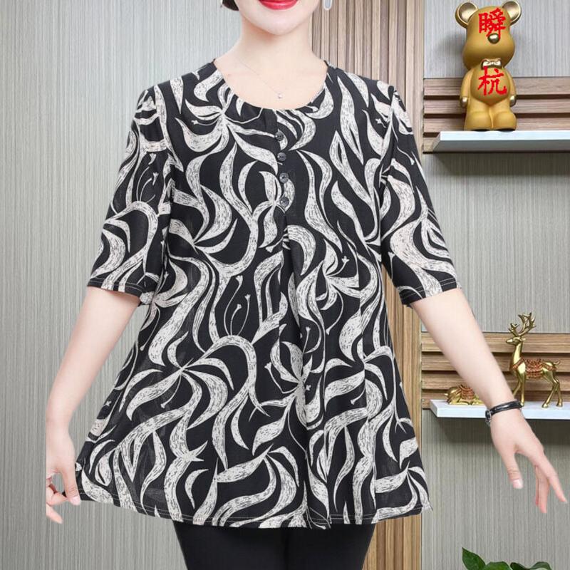 Summer Half Sleeve Blouse Stylish Vintage Printed Women's Clothing Casual Round Neck Button Folds Commute Spliced Loose Shirt