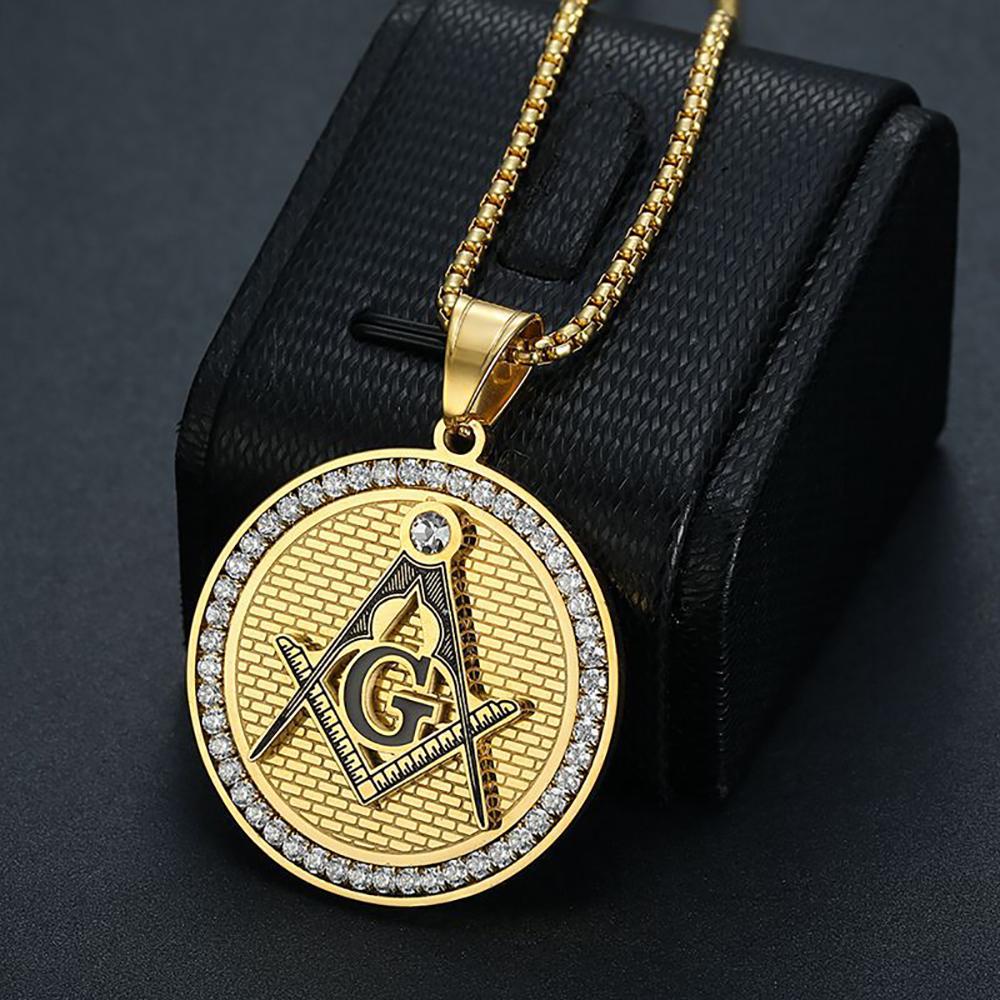 Punk Fashion Masonic Symbol Pendant Gold Color Stainless Steel CZ Mason Round Necklace for Men Vintage Jewelry Male Gift 2025