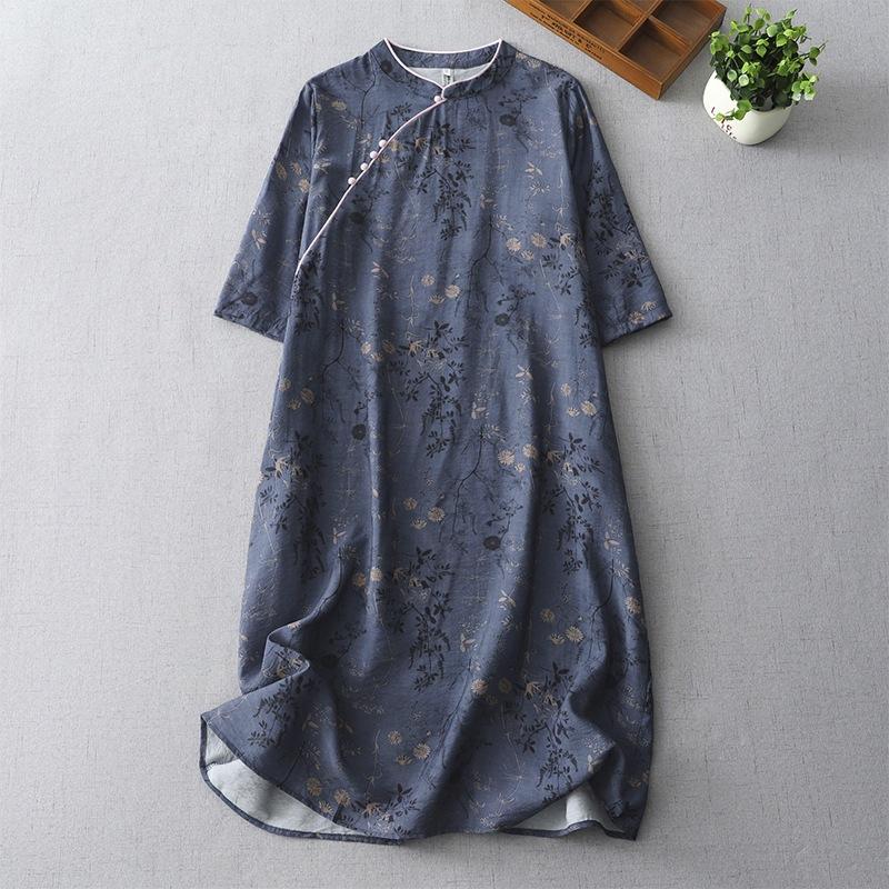 

диагональная планка ретро-принт с короткими рукавами платье летний темперамент улучшенная юбка ципао XXL