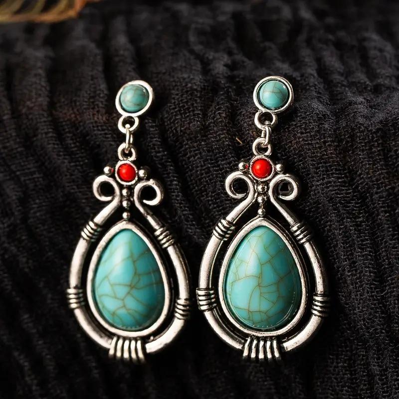 1pair Fashion Vintage Natural Red Stone Turquoise Water Drop Shaped Dangle Earrings for Women, Holiday Banquet Jewelry Gift