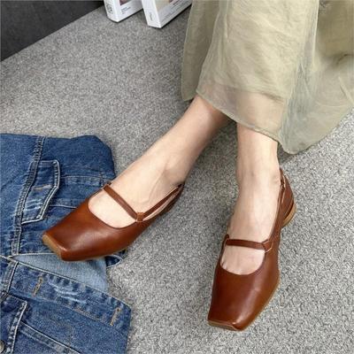Genuine Leather Retro Low Heel Pumps Women Shoes Square Toe Shallow Comfortable Loafers Shoes
