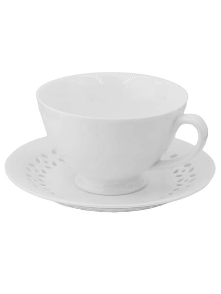 WHITE CERAMIC CUP 260ml WITH OPENWORK SAUCER FOR COFFEE AND TEA