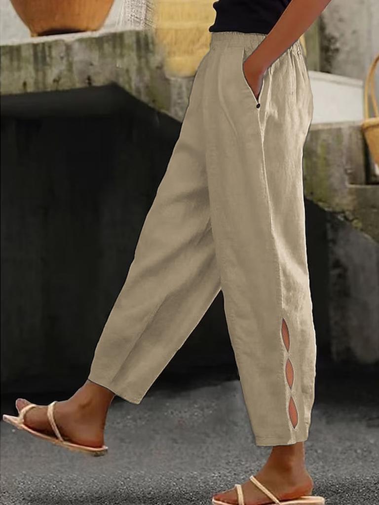 Spring Autumn New Women's Cotton Linen Solid Color Fashion Casual Daily Side Pocket Pants Hollow Button Long Pants