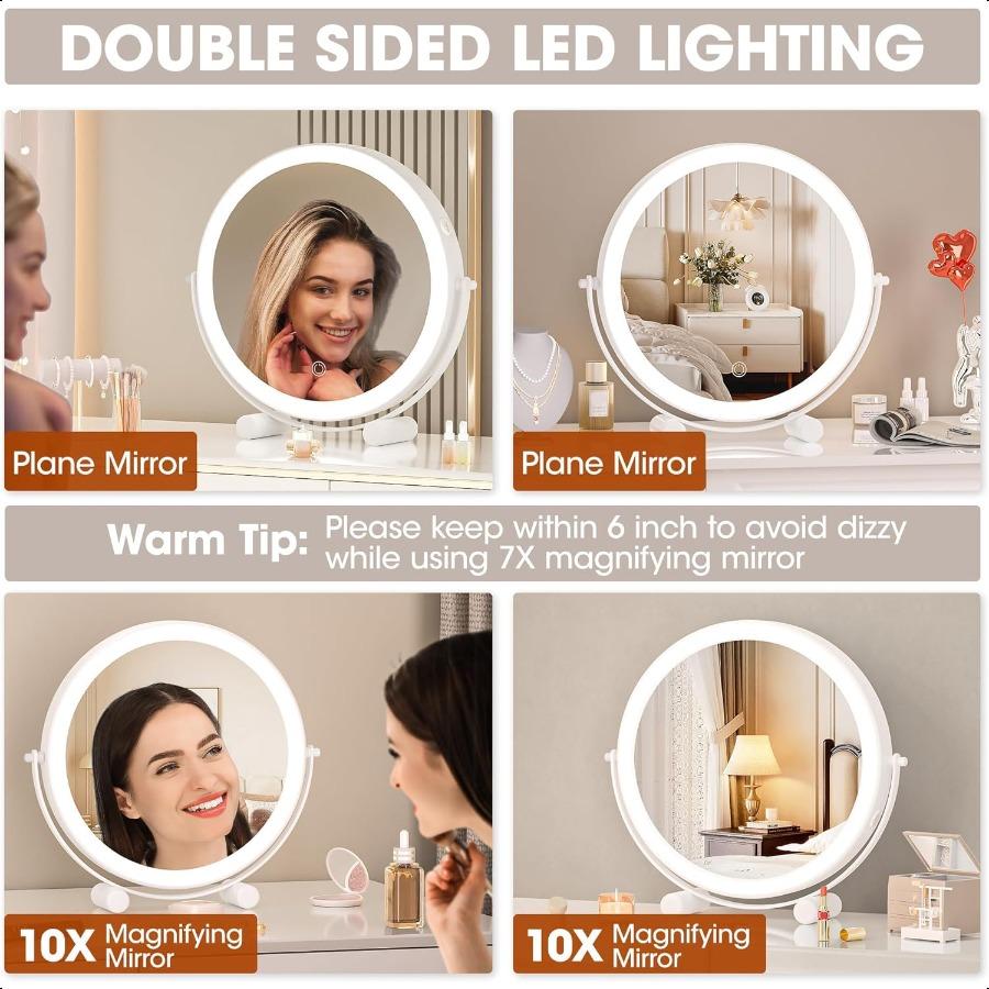10inch Lighted Makeup Mirror with Magnification White Frame Rechargeable 3000 mAh Vanity Mirror with Lights Desk Mirror with Di