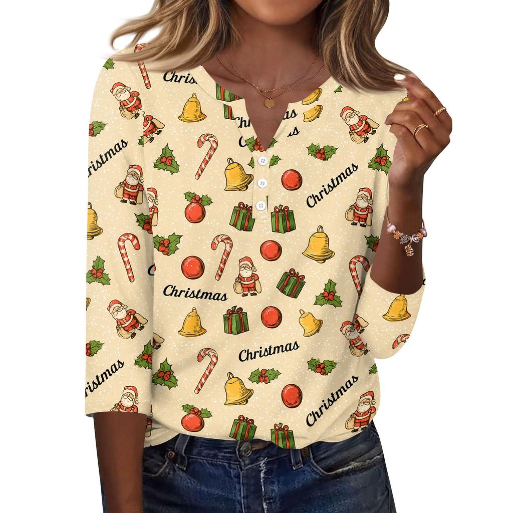Women's Christmas Print V-Neck T-Shirt with Button Three-Quarter Sleeve Casual Top