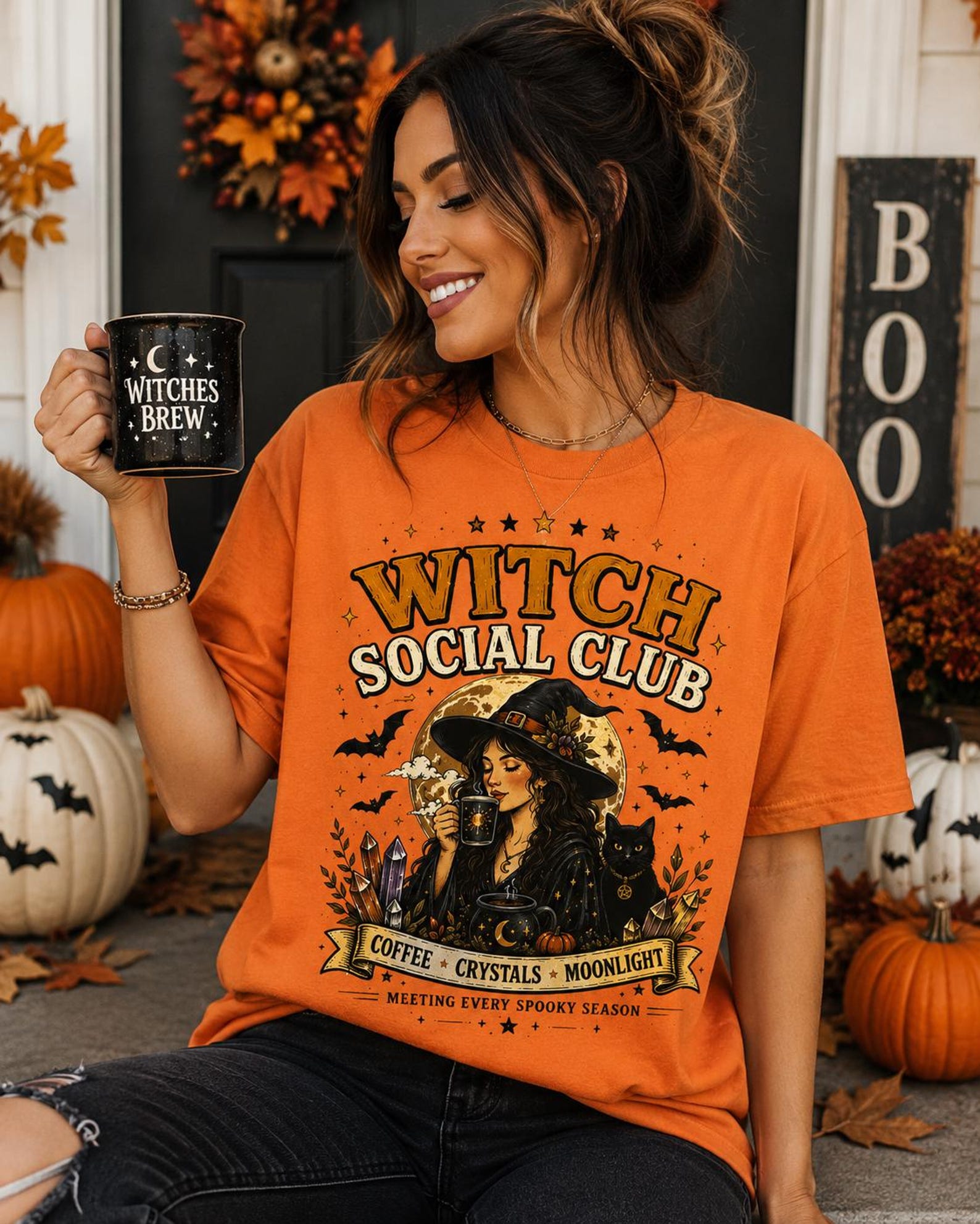 Witch Social Club Shirt, Coffee Crystals Moonlight Halloween Tee XL
