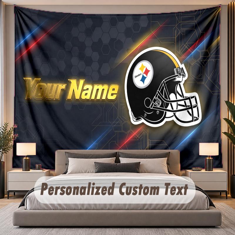 Custom Name Text Tapestry Pittsburgh Steelers Personalized Polyester Wall Tapestry For Bedroom And Room