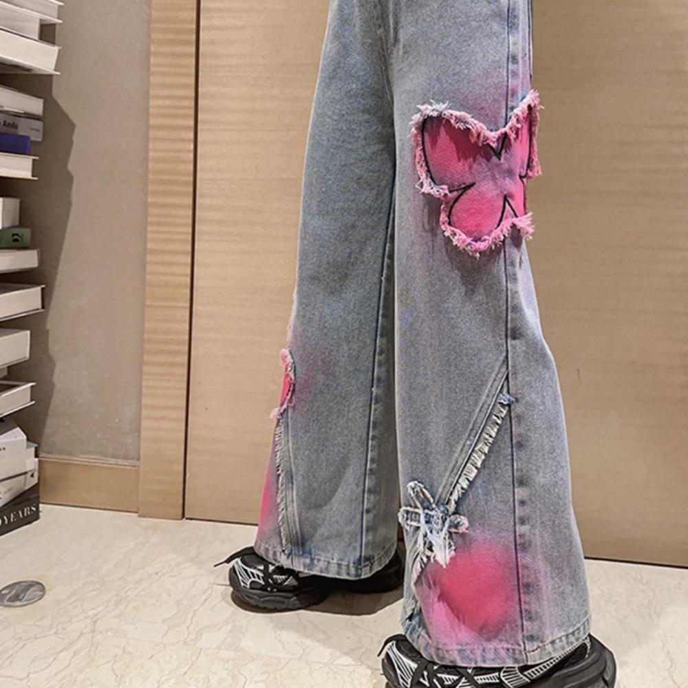 2025 Big Hot Deals Girls Fashion Spray-Painting Butterfly Denim Wide Leg Pants High Waist Korea Style Long Jeans Teens Trousers