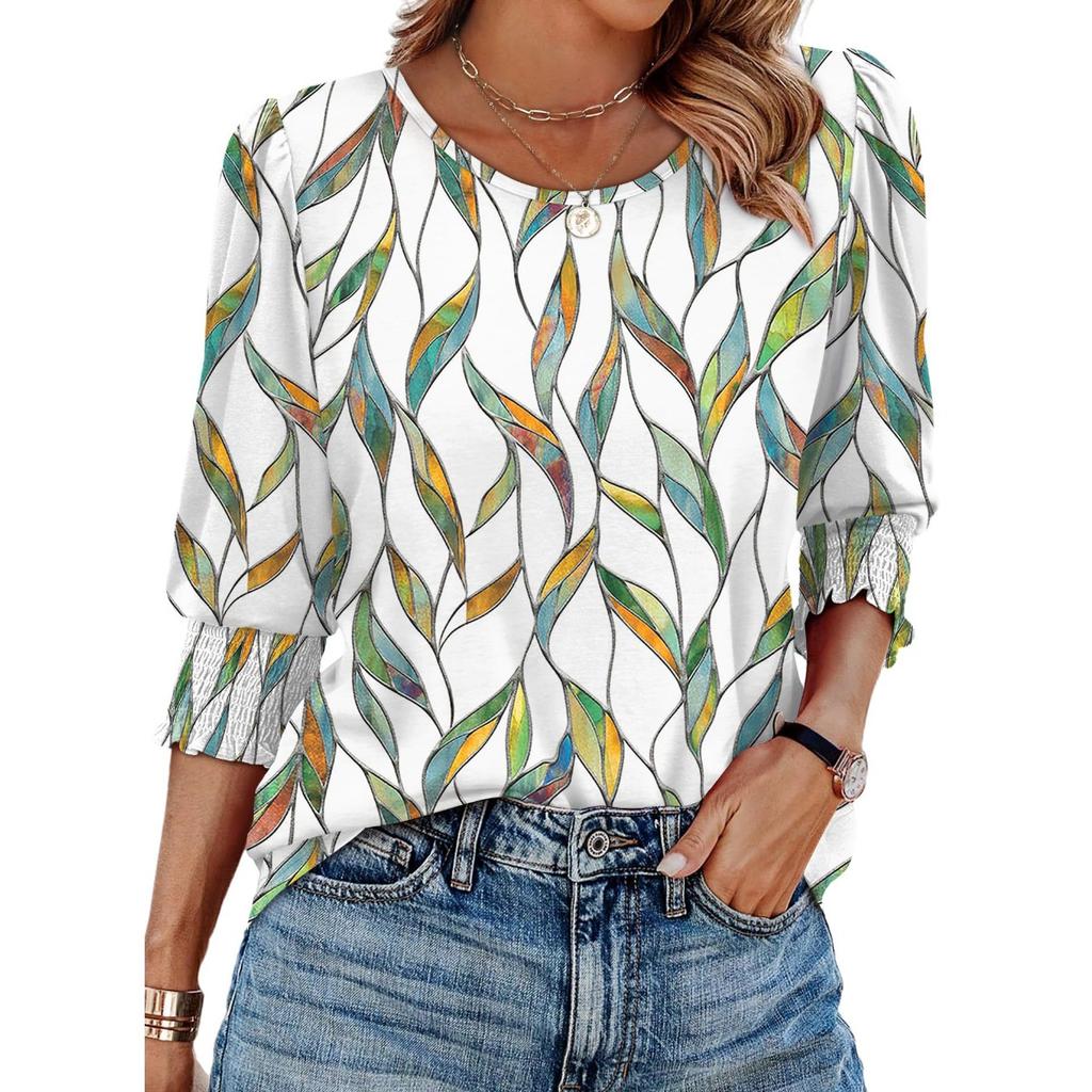 Women's Clothing, Spring, Loose, Casual, Printed, Seven Quarter Sleeves, Round Neck, T-shirt, Top