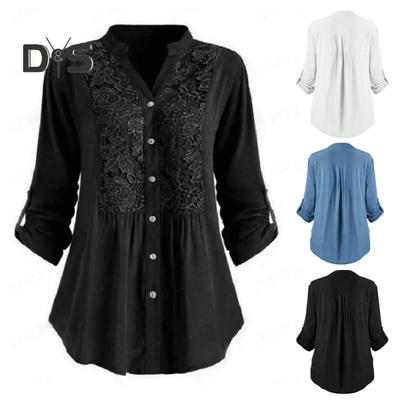 Damen-Hemd mit Manschettenknöpfen, V-Ausschnitt, Button-Down, mittellang, Spitze, lockere Bluse in Übergröße, Blumenstickerei, langärmliges Oberteil für Pendeln, Dating und den Alltag