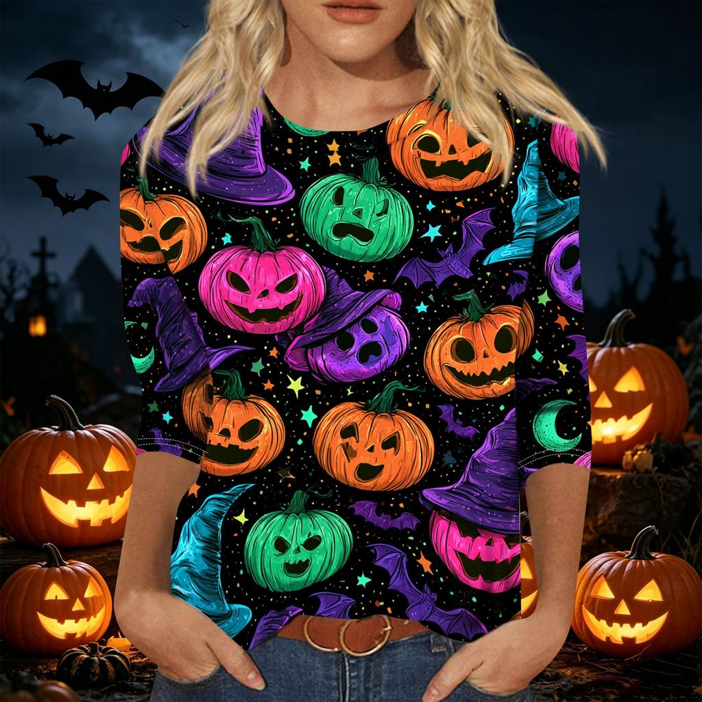 Women's Casual 3/4 Sleeve Halloween Print Pullover Top Round Neck Lightweight Loose Fit Shirt for Fall and Everyday Wear