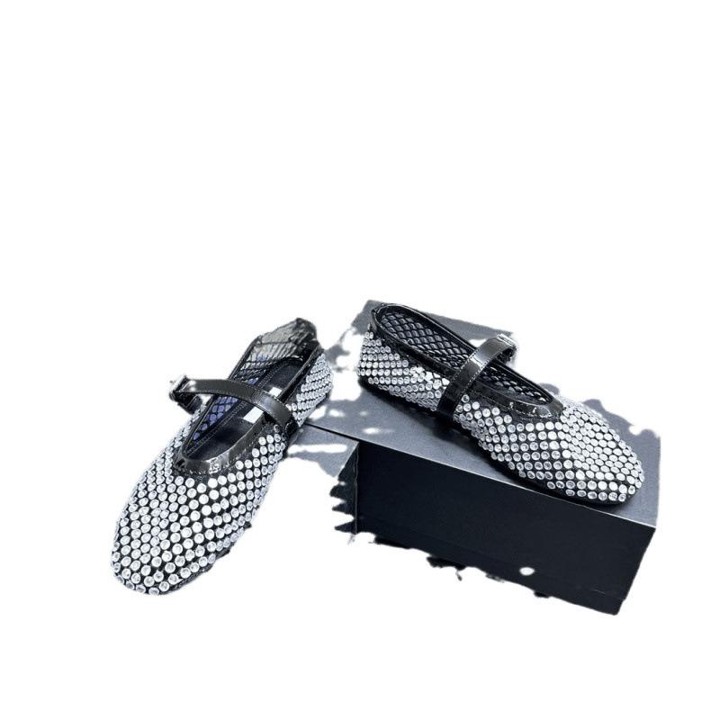 Spring and summer breathable fishing net diamond-encrusted patent leather one-word buckle with round head low-top shallow mouth Mary Jane