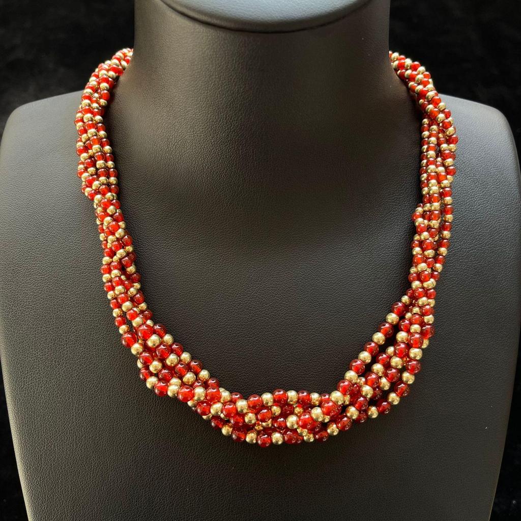 Vintage Röd Agat Flerlagers Halsband Set med Vävda Nitar och 925 Silverstift