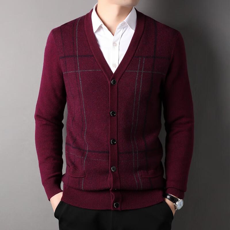 Fengxun Men's 100% Wool V-Neck Cardigan Sweater