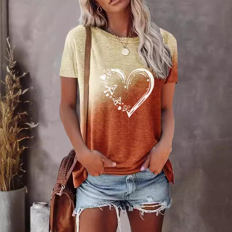 Love Gradient Printed Women's T-shirts Summer Fashion Street Short Sleeve Round Neck Straight Top
