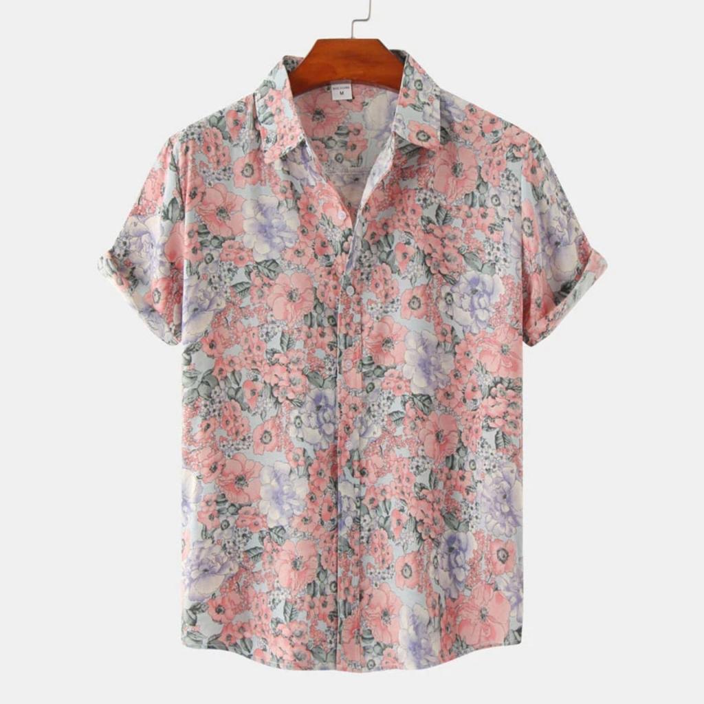 Men's Summer Breathable Plant Print Shirt Hawaiian Seaside Comfortable Short Sleeved Fashionable Design New Model Cool