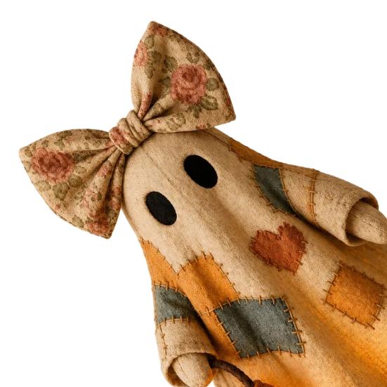 Lighted Vintage Patchwork Ghost LED Light Ghost with Pumpkin Lantern Halloween Decor Vintage