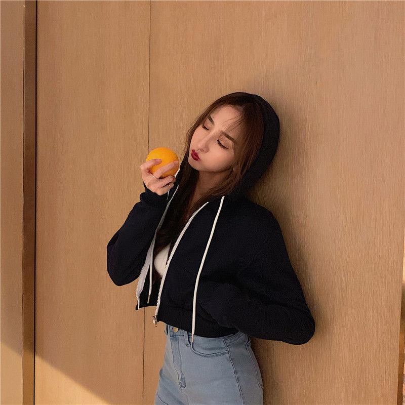 New Spring And Autumn Korean Version Zipper Short Hooded Coat Thin Solid Color Sweater Women