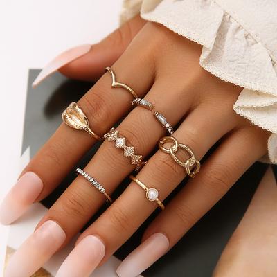 Pearl Ring, Fashionable Shell With Diamonds, Quadrilateral Thick Chain Combination 7-Piece Set For Women