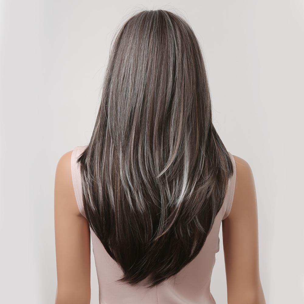 Long Gray Highlights Brown Synthetic Hair Wigs with Bangs Straight Daily Wig