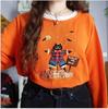 2026 Autumn/Winter Women's Casual Loose Orange Hoodie with Bat & Black Cat Print