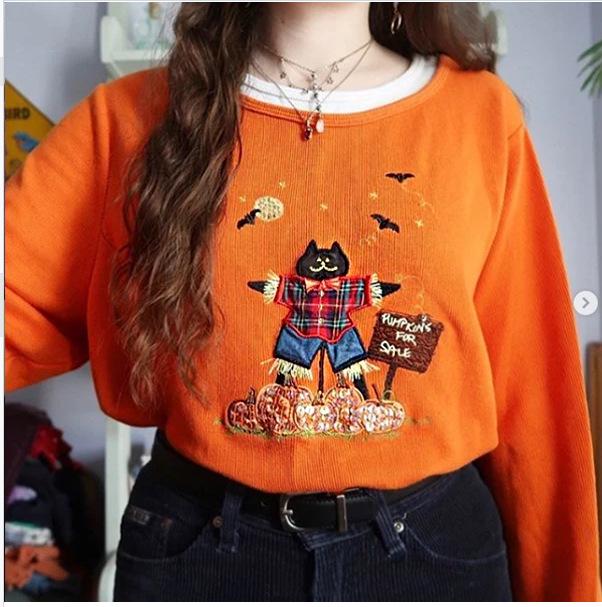 2026 Autumn/Winter Women's Casual Loose Orange Hoodie with Bat & Black Cat Print