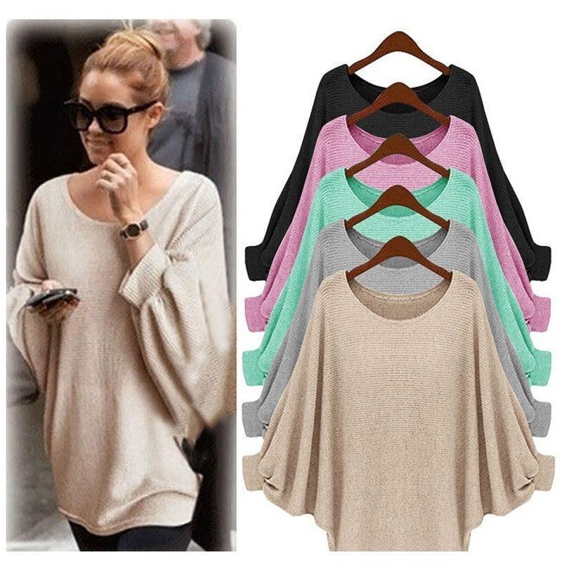

Женская мода Одноцветный batwing Вязаный свитер Топы Повседневная свободная блузка